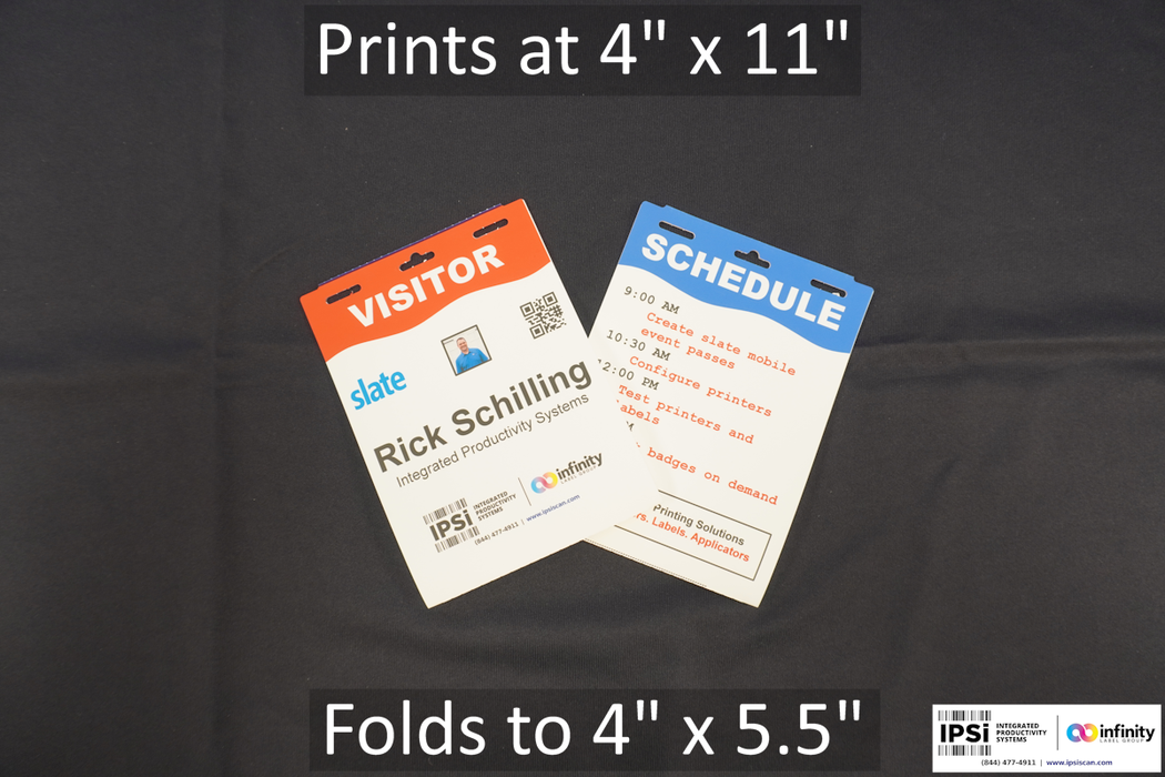 4" x 11" Slate Event Badge Matte Poly Tag Stock Blank Inkjet Fanfold Trade Show Badges- Die Cut Matte Poly Durable Tag, 500 Badges per Bag, 4 bags per case, 2000 Badges -Case - FOR USE with EPSON C3500 or C4000 ColorWorks Printers- Matte or Gloss Versions